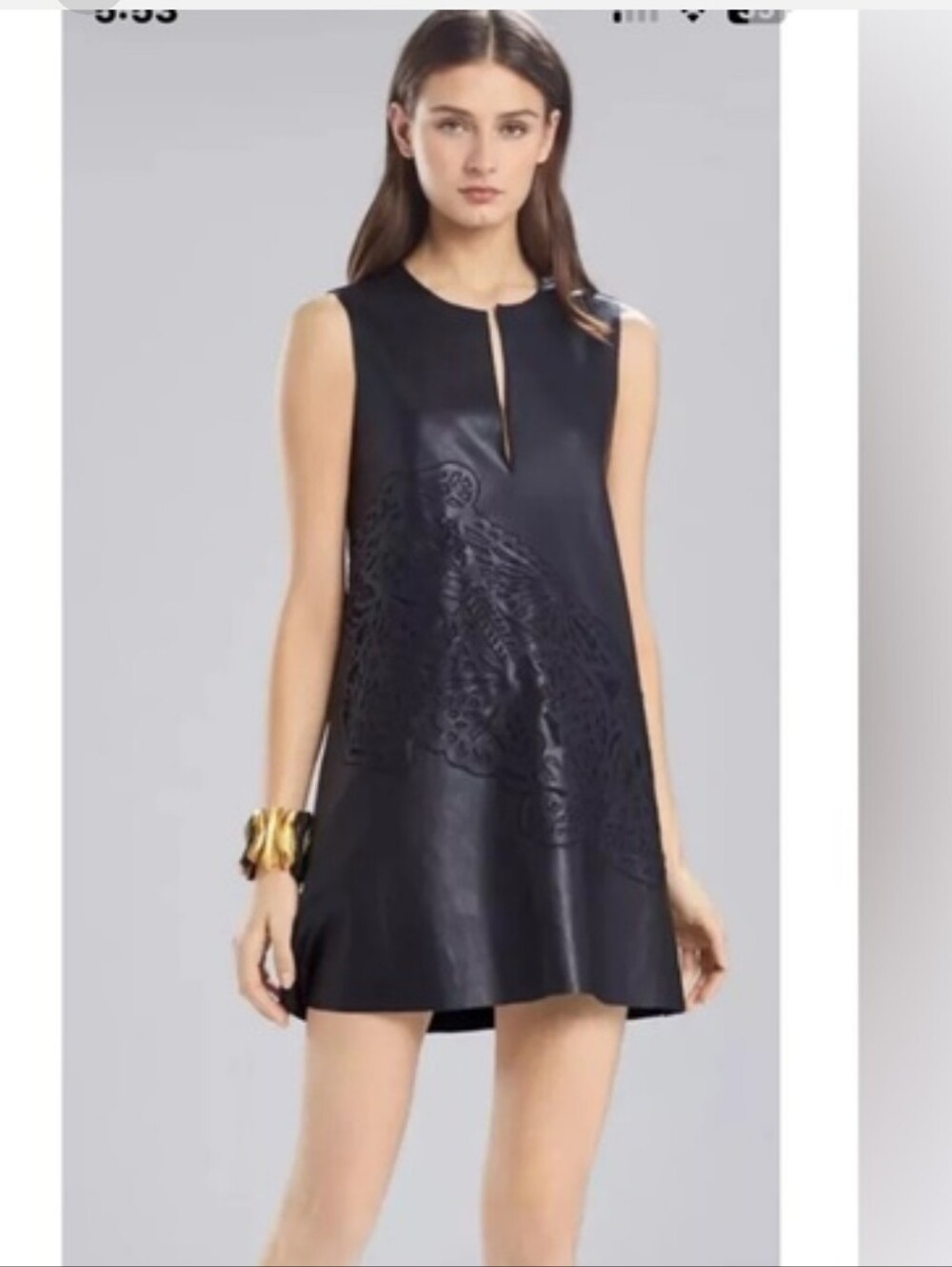 Josie Natori Black LEATHER Laser-Cut Sleeveless Mini Dress